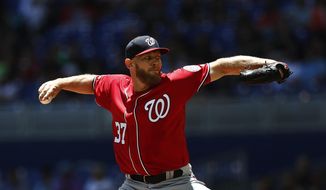 Washington Nationals starting pitcher Stephen Strasburg  delivers during the first inning of a baseball game against the Miami Marlins on Sunday, April 21, 2019, in Miami. (AP Photo/Brynn Anderson)