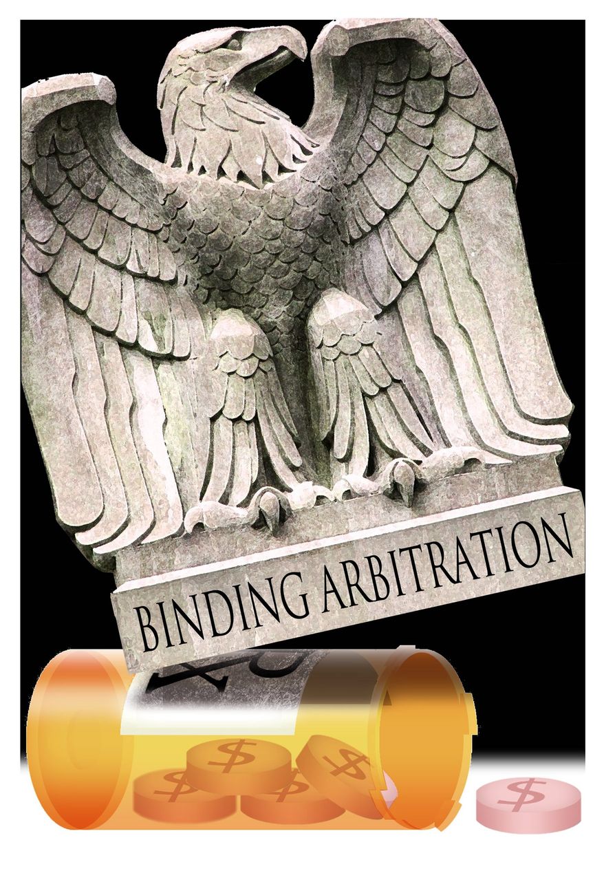 Illustration on binding arbitration drug pricing by Alexander Hunter/The Washington Times