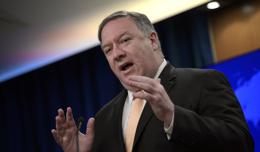 Secretary of State Mike Pompeo speaks during a news conference on Monday, April 22, 2019, at the Department of State in Washington. The Trump administration on Monday told five nations — Japan, South Korea, Turkey, China and India — that they will no longer be exempt from U.S. sanctions if they continue to import oil from Iran.  (AP Photo/Sait Serkan Gurbuz)