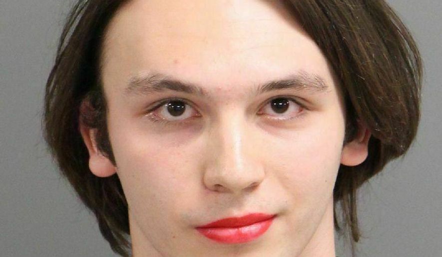 This undated photo provided by Raleigh/Wake City-County Bureau of Identification shows Enzo Niebuhr who was arrested Sunday April 21, 2019, on charges that he and another person defaced a Confederate monument in Raleigh, N.C. (Raleigh/Wake City-County Bureau of Identification via AP)