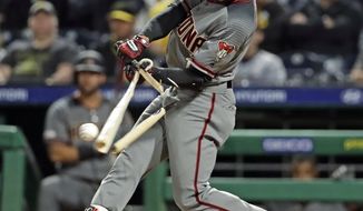Arizona Diamondbacks&#39; Jarrod Dyson breaks his bat on a fielder&#39;s choice in the seventh inning of a baseball game against the Pittsburgh Pirates in Pittsburgh, Monday, April 22, 2019. Diamondbacks&#39; Nick Ahmed was out attempting to score from third on the play. (AP Photo/Gene J. Puskar)