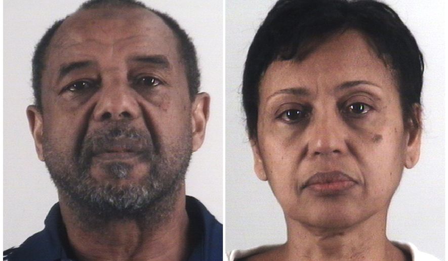 This combination of photos provided by the Tarrant County Sheriff's Department in Texas shows Mohamed Toure, left, and Denise Cros-Toure, a Fort Worth couple accused of enslaving a Guinean woman for 16 years. The couple on Monday, April 22, 2019, was sentenced to seven years in federal prison each for enslaving the woman for 16 years. (Tarrant County Sheriff's Department via AP)