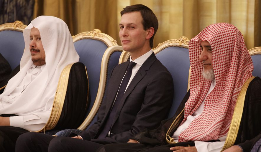 White House senior adviser Jared Kushner watches a ceremony where President Donald Trump was presented with The Collar of Abdulaziz Al Saud Medal, at the Royal Court Palace, Saturday, May 20, 2017, in Riyadh. (AP Photo/Evan Vucci) ** FILE **