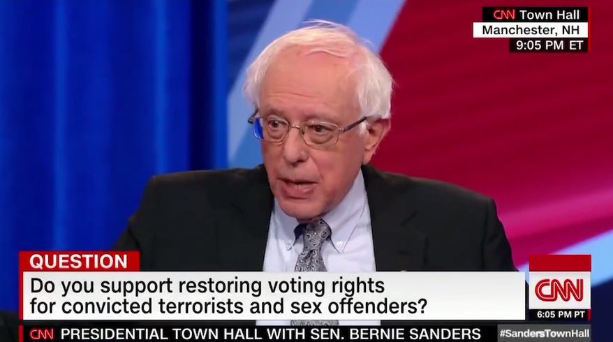 Vermont Sen. Bernie Sanders discusses voting rights for Boston Marathon bomber Dzhokhar Tsarnaev during a CNN town hall, April 22, 2019. (Image: CNN screenshot)