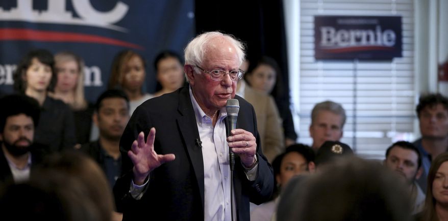 Democratic presidential candidate Sen. Bernie Sanders, I-Vt., speaks during an appearance at Club Passim on Tuesday, April 23, 2019, in Cambridge, Mass. (Nancy Lane/The Boston Herald via AP)