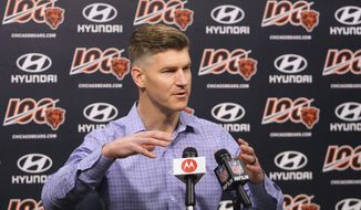 Chicago Bears general manager Ryan Pace speaks with the media during a press conference ahead of the NFL draft that starts Thursday, in Lake Forest, Ill., Tuesday, April 23,  2019. (Tim Boyle/Chicago Sun-Times via AP)