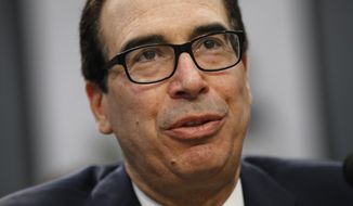 In this April 9, 2019, file photo, Treasury Secretary Steven Mnuchin testifies before a House Appropriations subcommittee hearing on Capitol Hill in Washington. (AP Photo/Patrick Semansky, File)