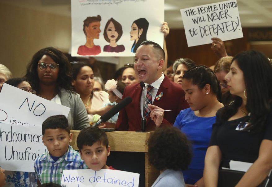 Rep. Carlos Guillermo Smith (D-Orlando) speaks out against Family Separation Bills HB 527 and SB 168 Tuesday, April 23, 2019, during a press conference in the Florida Capitol in Tallahassee, Fla. (AP Photo/Phil Sears)