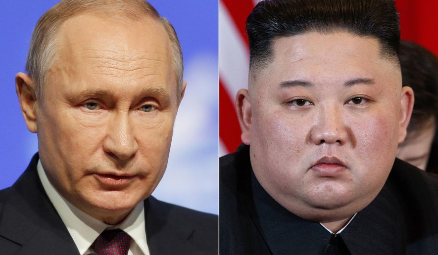 FILE - This combination file photo, shows Russian President Vladimir Putin, left, in St. Petersburg, Russia, April 9, 2019, and North Korean leader Kim Jong Un in Hanoi, Vietnam, on Feb. 28, 2019. When Kim meets with Putin for their first one-on-one meeting, he will have a long wish list and a strong desire to notch a win after the failure of his second summit with U.S. President Donald Trump in February 2019. (AP Photo/Dmitri Lovetsky, Evan Vucci, File)