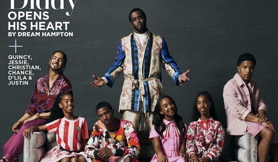 This cover image released by Essence shows Sean “Diddy” Combs, background center, posing with his children, from left, Quincy, 27,  Jesse, 12, Christian, 21, Chance, 12, D’Lila, 12;, and Justin, 25, on the digital edition of the 49th anniversary issue of &amp;quot;Essence.&amp;quot; (Essence via AP)