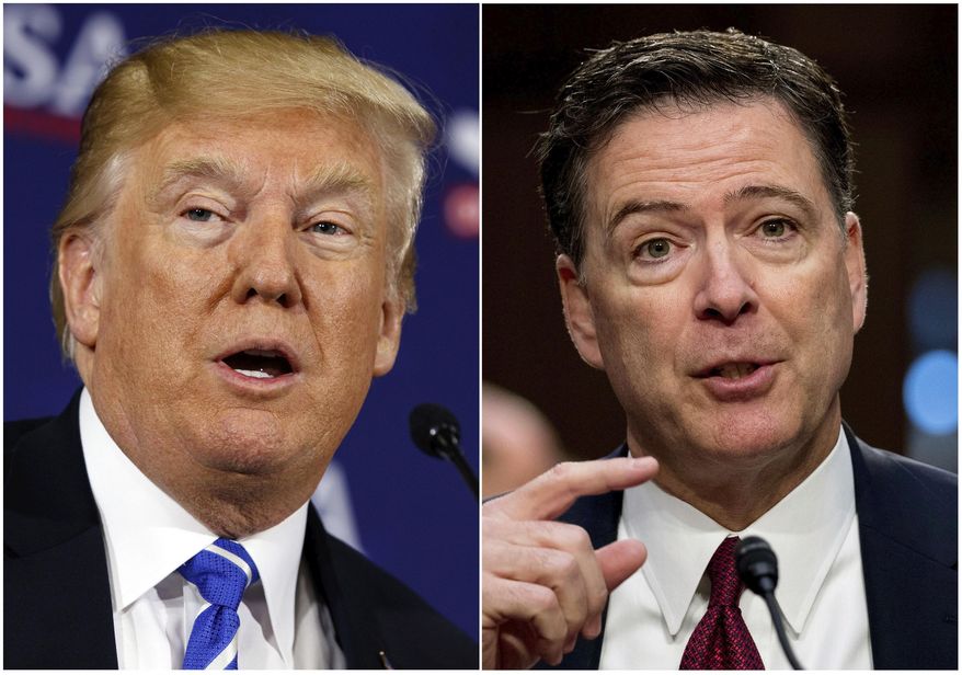 This combination photo shows President Donald Trump speaking during a roundtable discussion on tax policy in White Sulphur Springs, W.Va., on April 5, 2018, left, and former FBI director James Comey speaking during a Senate Intelligence Committee hearing on Capitol Hill in Washington on June 8, 2017.  (AP Photo/Evan Vucci, left, and Andrew Harnik)