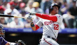 Washington Nationals&#39; Juan Soto follows the flight of his two-run home run off Colorado Rockies starting pitcher German Marquez in the third inning of a baseball game Wednesday, April 24, 2019, in Denver. (AP Photo/David Zalubowski)