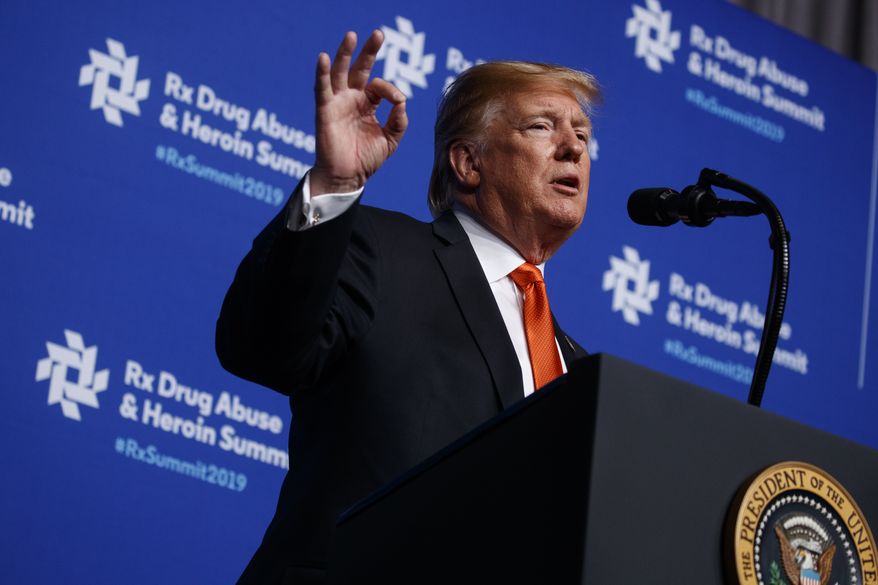 President Donald Trump speaks to the &quot;Rx Drug Abuse and Heroin Summit,&quot; Wednesday, April 24, 2019, in Atlanta. (AP Photo/Evan Vucci)