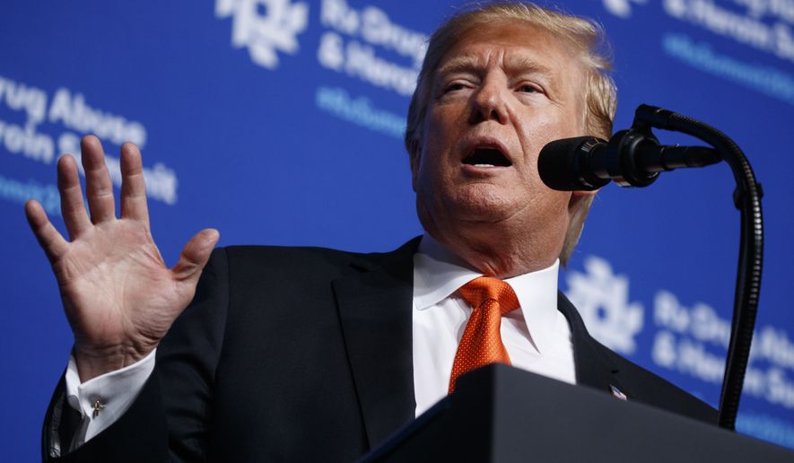 President Donald Trump speaks to the &quot;Rx Drug Abuse and Heroin Summit,&quot; Wednesday, April 24, 2019, in Atlanta. (AP Photo/Evan Vucci)