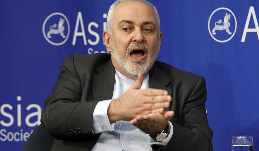 Iran&#39;s Foreign Minister Mohammad Javad Zarif speaks at the Asia Society, in New York, Wednesday, April 24, 2019. (AP Photo/Richard Drew)