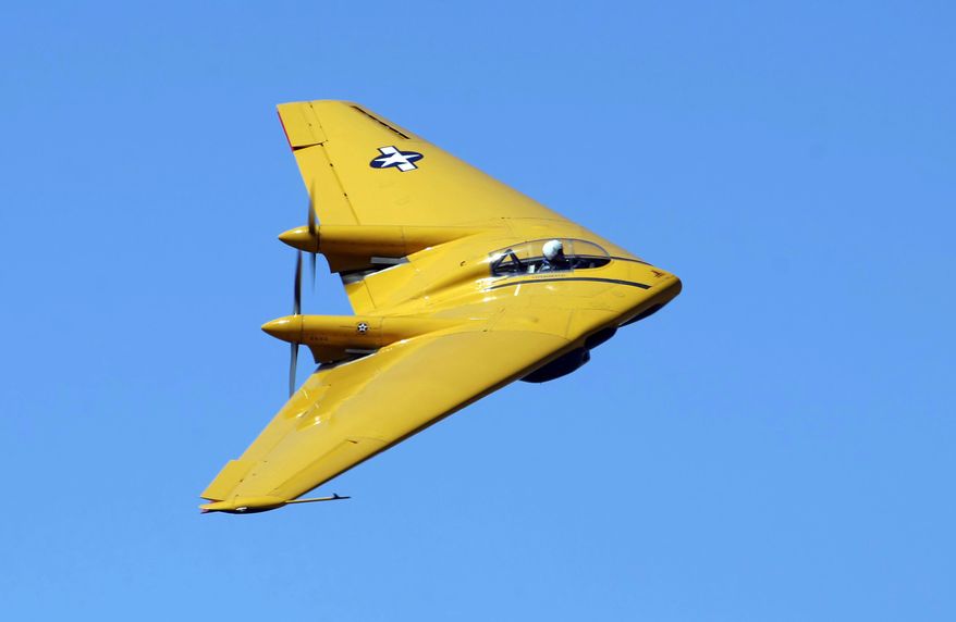FILE - This undated file photo provided by Bernardo Malfitano shows a Northrop N-9M, a one-of-its-kind flying wing aircraft, in flight over Southern California. The aircraft crashed on Monday, April 22, 2019, at the California Rehabilitation Center in Norco, east of Los Angeles. The Riverside County coroner says the pilot was 51-year-old David Vopat of Chino. (Bernardo Malfitano via AP, File)
