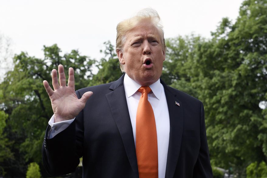 President Trump talks to reporters before leaving on Marine One on the South Lawn of the White House in Washington, Wednesday, April 24, 2019, for the short trip to Andrews Air Force Base in Maryland. President Trump and first lady Melania Trump will team up Wednesday to provide an update on the nation's opioid crisis during back-to-back speeches at conference in Atlanta. (AP Photo/Susan Walsh)
