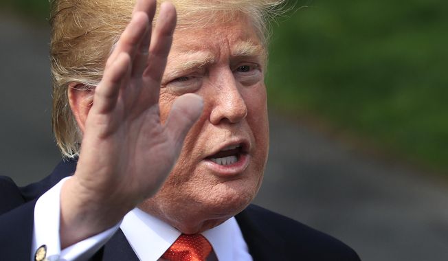President Donald Trump speaks to reporters before leaving the White House in Washington, Wednesday, April 24, 2019, for a trip to Atlanta with first lady Melania Trump to participate an opioids summit. (AP Photo/Manuel Balce Ceneta)