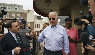Democratic presidential candidate and former Vice President Joe Biden speaks outside of Gianni&#39;s Pizza, in Wilmington Del., Thursday, April 25, 2019. (Jessica Griffin/The Philadelphia Inquirer via AP)