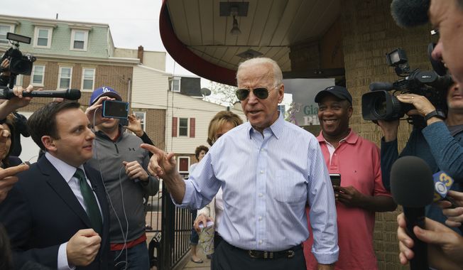 Democratic presidential candidate and former Vice President Joe Biden speaks outside of Gianni&#x27;s Pizza, in Wilmington Del., Thursday, April 25, 2019. (Jessica Griffin/The Philadelphia Inquirer via AP)