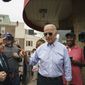 Democratic presidential candidate and former Vice President Joe Biden speaks outside of Gianni&#39;s Pizza, in Wilmington Del., Thursday, April 25, 2019. (Jessica Griffin/The Philadelphia Inquirer via AP)