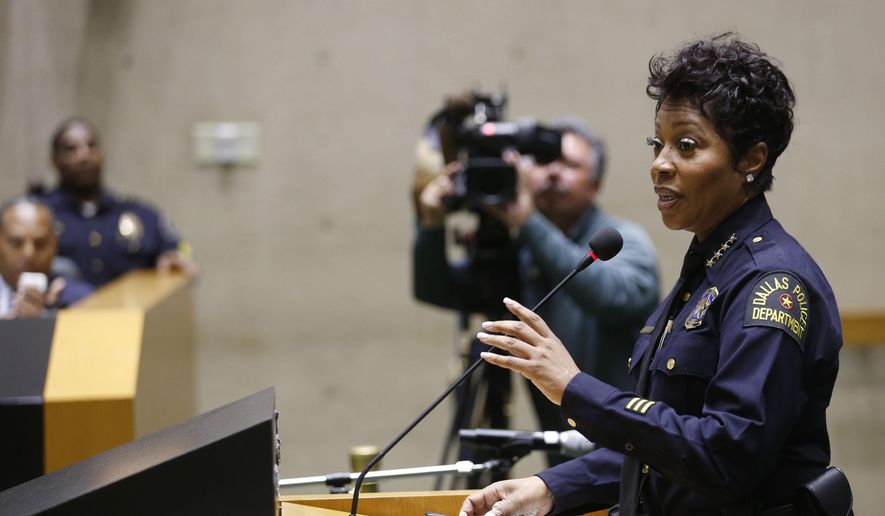 Dallas Police Chief U. Renee Hall answers a question from a Dallas City council member during a meeting at Dallas City Hall in Dallas on Wednesday, April 24, 2019. The Dallas City Council has expanded the powers of the independent panel that oversees city police and hears complaints about officer misconduct. (Vernon Bryant/The Dallas Morning News via AP) ** FILE **