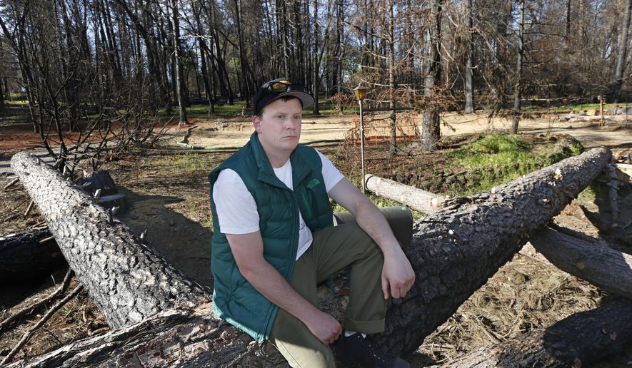 In this April 22, 2019, photo, Camp Fire survivor Zachary Byrd sits on the burned remains of trees that once stood around his home before it was destroyed by last year's wildfire, in Paradise, Calif. It took Byrd and his girlfriend almost three hours to travel 15 miles to safety after they decided to flee the wildfire that took the lives of 85 people that swept through Paradise and neighborhood communities. (AP Photo/Rich Pedroncelli)