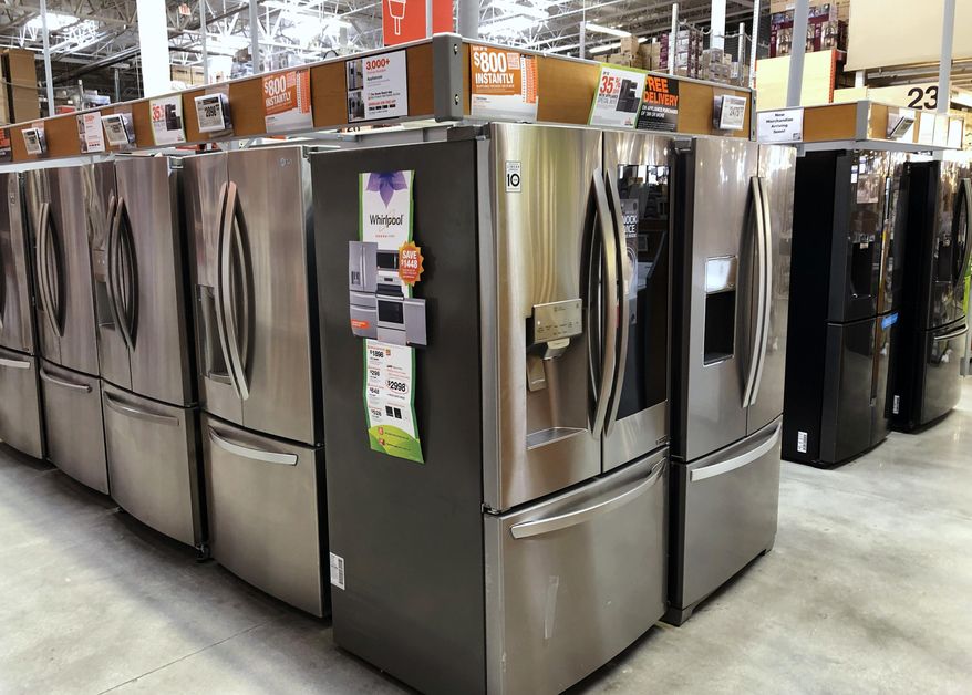 In this Tuesday, April 23, 2019, file photo, refrigerators are shown for sale at a Home Depot store in Miami Lakes, Fla. (AP Photo/Wilfredo Lee) ** FILE **