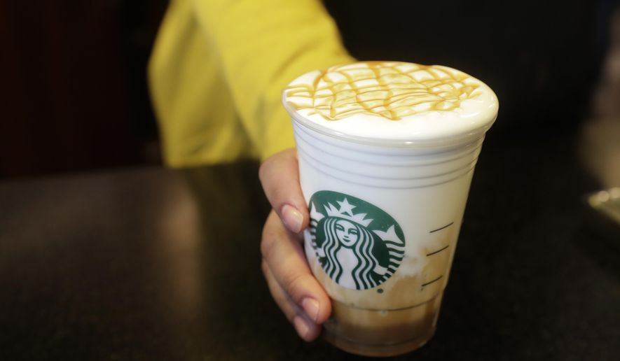 FILE- In this March 5, 2019, file photo Esmeralda Chapparro, a Starbucks barista, moves a finished Cloud Macchiato coffee drink to the counter as she works at a store in the company's headquarters building in Seattle's SODO neighborhood. Starbucks Corp. reports earns on Thursday, April 25. (AP Photo/Ted S. Warren, File)