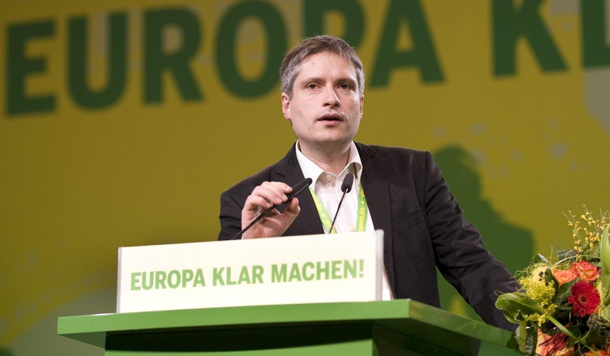 FILE - In this Saturday, Jan. 24, 2009 file photo, Candidate Sven Giegold speaks at the party conference of Alliance 90/The Greens in Dortmund, Germany. A lawmaker with Germany's left-leaning Greens says Thursday, April 25, 2019 his party won't back any candidate for president of the European Union's executive branch who relies on support from the far right. The comment by Sven Giegold, a veteran German lawmaker in the European Parliament, was directed toward the center-right European People's Party and its leading candidate for the European Commission, Manfred Weber. EU elections are being held in the 28 member countries May 23-26. (AP Photo/Martin Meissner, file)