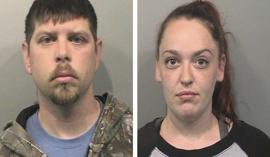 This undated combination of two booking photos from the Johnson County Sheriff's Office shows Michael Setser and Amanda Setser. Prosecutors say the suburban Indianapolis couple, who vacated their home during divorce proceedings in early January 2019, left their dog behind to starve to death. The dog, named Chuck, was found dead in January in the couple's Johnson County trailer home. (Johnson County Sheriff's Office via AP)