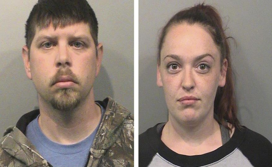 This undated combination of two booking photos from the Johnson County Sheriff's Office shows Michael Setser and Amanda Setser. Prosecutors say the suburban Indianapolis couple, who vacated their home during divorce proceedings in early January 2019, left their dog behind to starve to death. The dog, named Chuck, was found dead in January in the couple's Johnson County trailer home. (Johnson County Sheriff's Office via AP)