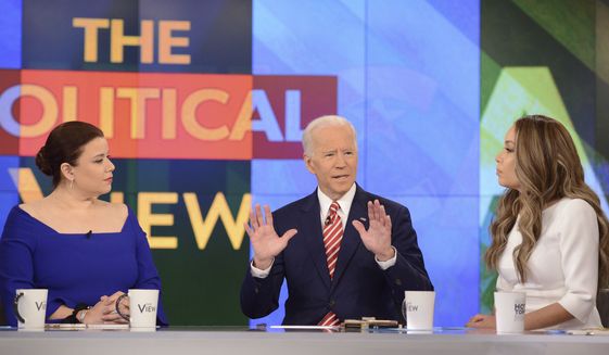 This image released by ABC shows Democratic presidential candidate Joe Biden, center, with co-hosts, Ana Navarro, left, and Sunny Hostin during an appearance on &quot;The View,&quot; Friday, April 26, 2019. (Lorenzo Bevilaqua/ABC via AP)