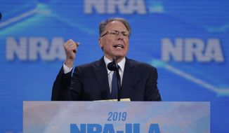 Nation Rifle Association Executive Vice President Wayne LaPierre speaks at the National Rifle Association Institute for Legislative Action Leadership Forum in Lucas Oil Stadium in Indianapolis, Friday, April 26, 2019. (AP Photo/Michael Conroy)