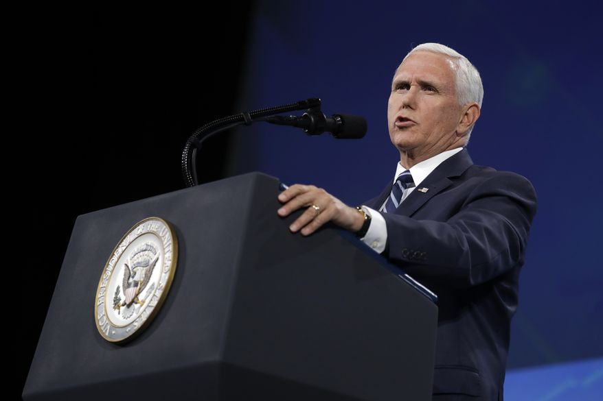 Vice President Mike Pence speaks to the annual meeting of the National Rifle Association, Friday, April 26, 2019, in Indianapolis. (AP Photo/Evan Vucci)