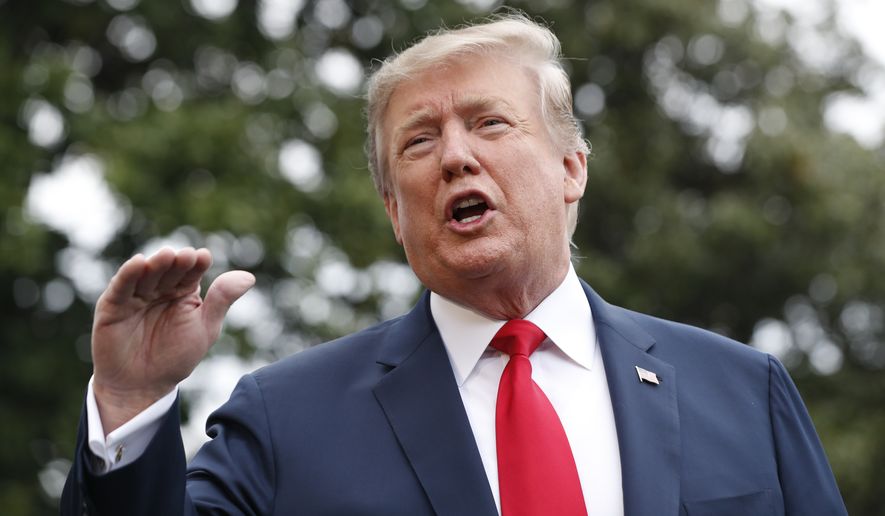President Donald Trump speaks to the media as he departs the White House, Friday April 26, 2019, as he leaves Washington headed to Indianapolis where he is expected to speak at the annual meeting of the National Rifle Association. (AP Photo/Jacquelyn Martin)