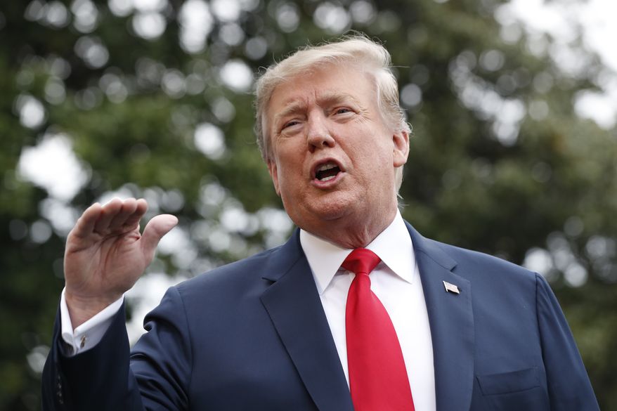 President Donald Trump speaks to the media as he departs the White House, Friday April 26, 2019, as he leaves Washington headed to Indianapolis where he is expected to speak at the annual meeting of the National Rifle Association. (AP Photo/Jacquelyn Martin)