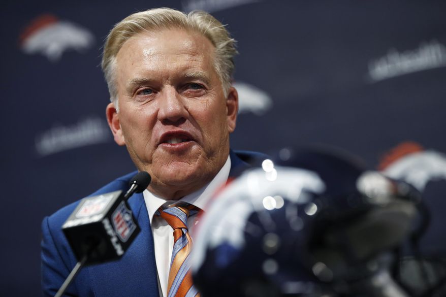 Denver Broncos general manager John Elway talks about the team's first-round selection of Iowa tight end Noah Fant in the NFL Draft Thursday, April 25, 2019, in the team's headquarters in Englewood, Colo. (AP Photo/David Zalubowski)