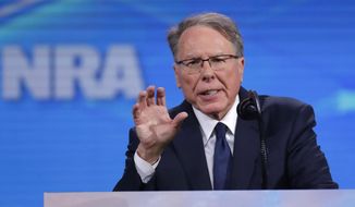 Nation Rifle Association Executive Vice President Wayne LaPierre speaks at the National Rifle Association Institute for Legislative Action Leadership Forum in Lucas Oil Stadium in Indianapolis, Friday, April 26, 2019. (AP Photo/Michael Conroy) ** FILE **