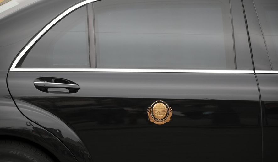 FILE - In this April 24, 2019, file photo, North Korean leader Kim Jong Un's limousine is seen at a railway station in Vladivostok, Russia. German automaker Daimler, which makes armored limousines used by North Korean leader Kim Jong Un, says it has no idea where he got them and has no business dealings with the North. (AP Photo/Alexander Khitrov, File)