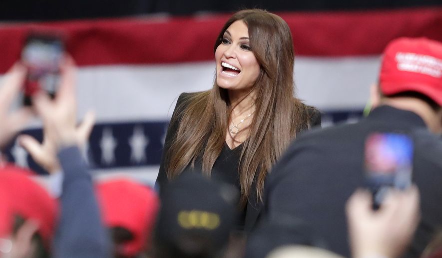 Kimberly Guilfoyle, girlfriend of Donald Trump Jr., greets supporters before President Donald J. Trump&#x27;s Make America Great Again Rally on Saturday, April 27, 2019, at the Resch Center in Green Bay, Wis. (Wm. Glasheen/The Post-Crescent via AP)