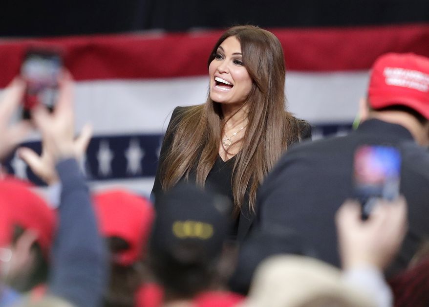 Kimberly Guilfoyle, girlfriend of Donald Trump Jr., greets supporters before President Donald J. Trump&#39;s Make America Great Again Rally on Saturday, April 27, 2019, at the Resch Center in Green Bay, Wis. (Wm. Glasheen/The Post-Crescent via AP)