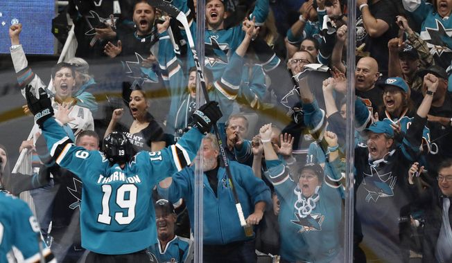 San Jose Sharks&#x27; Joe Thornton (19), celebrates after scoring goal against Colorado Avalanche in the second period of Game 1 of an NHL hockey second-round playoff series at the SAP Center in San Jose, Calif., on Friday, April 26, 2019. (AP Photo/Josie Lepe)