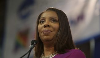 In this Jan. 6, 2019, photo, New York Attorney General Letitia James speaks during an inauguration ceremony in New York. (Associated Press) **FILE**