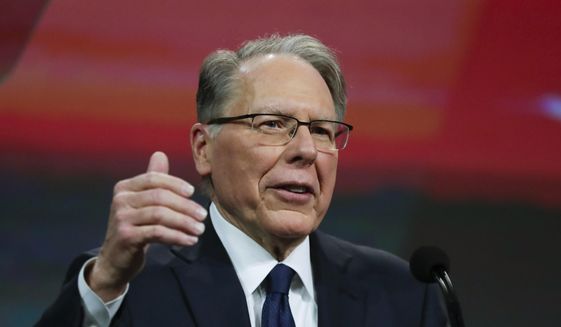 Nation Rifle Association Executive Vice President Wayne LaPierre speaks at the NRA Annual Meeting of Members in Indianapolis, Saturday, April 27, 2019. On Saturday, retired Lt. Col. Oliver North announced that he will not serve a second term as president of the NRA amid inner turmoil in the gun rights group. (AP Photo/Michael Conroy) ** FILE **