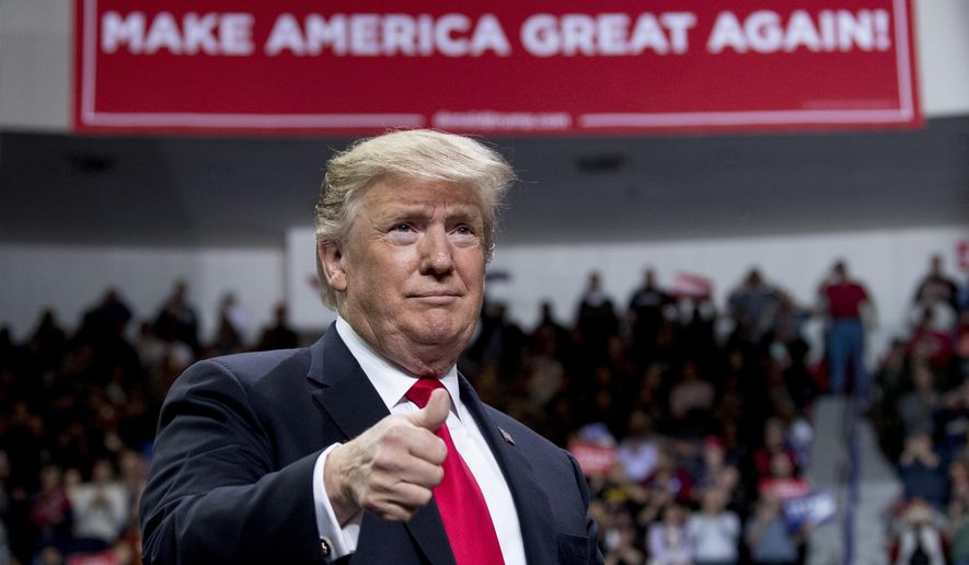 President Donald Trump takes the stage at a rally at Resch Center Complex in Green Bay, Wis., Saturday, April 27, 2019. (AP Photo/Andrew Harnik)