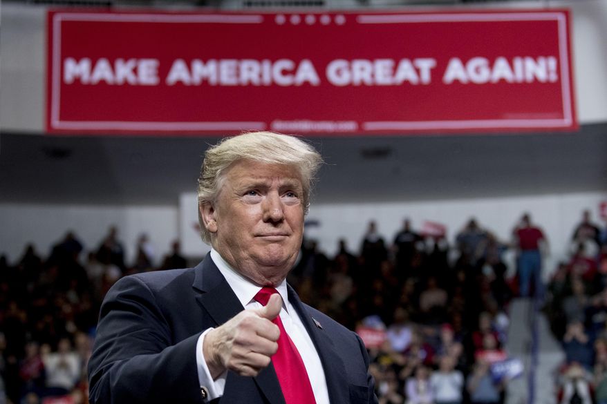 President Donald Trump takes the stage at a rally at Resch Center Complex in Green Bay, Wis., Saturday, April 27, 2019. (AP Photo/Andrew Harnik)