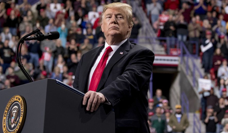President Donald Trump pauses while speaking at a rally at Resch Center Complex in Green Bay, Wis., Saturday, April 27, 2019. (AP Photo/Andrew Harnik)