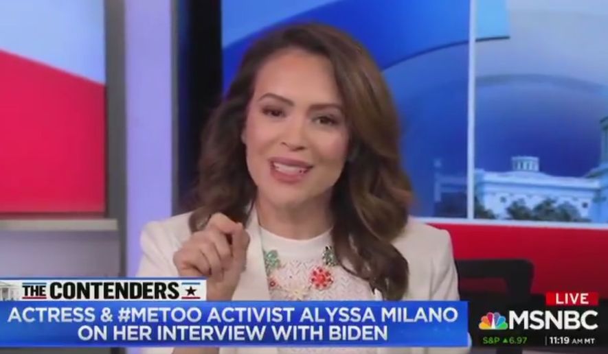 #MeToo activist Alyssa Milano discusses former Vice President Joe Biden&#39;s past behavior with women, April 29, 2019. (Image: MSNBC screenshot) ** FILE **