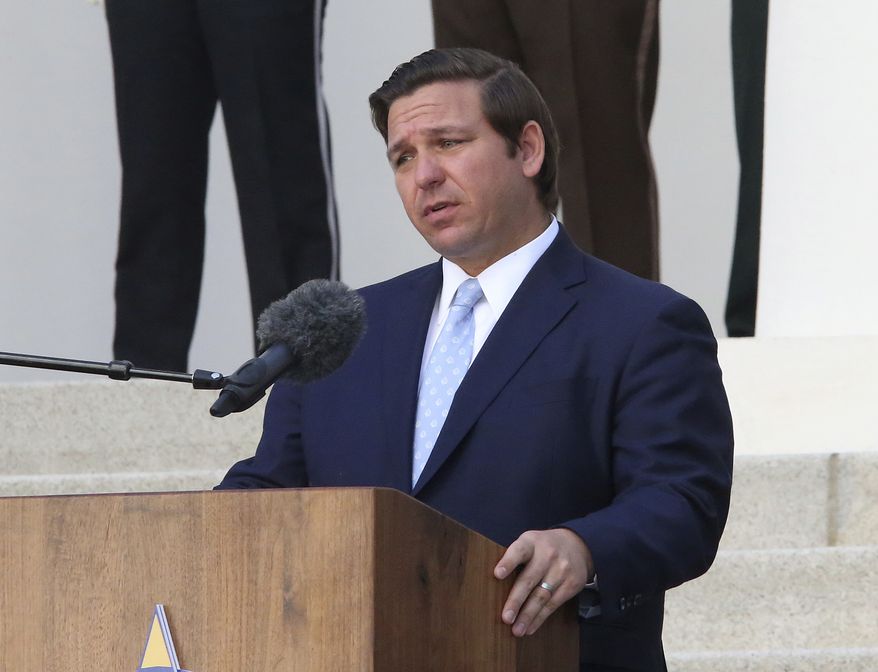 Florida Gov. Ron DeSantis speaks at a law enforcement memorial service at the Capitol Monday April 29, 2019, in Tallahassee, Fla. (AP Photo/Steve Cannon)